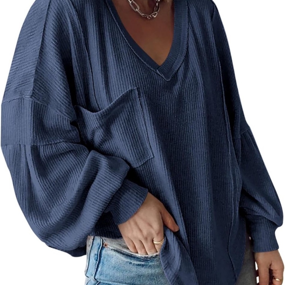 Blue V-Neck Ribbed Sweater